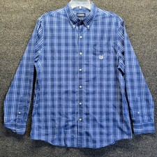 Mens Chaps Easy Care Button-Down Dress Shirt Sz L Blue Plaid Longlseeve