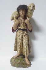VINTAGE WOODEN CARVED STATUE HAND PAINTED SHEPHERD CARRYING SHEEP / LAMB