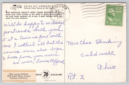 Pomona California, playas de la costa oeste del condado de Los Ángeles, postal vintage - Imagen 2 de 2