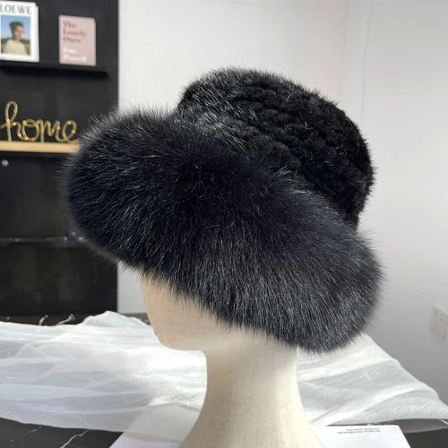 Cappello donna vera pelliccia di visone secchiello berretto caldo lavorato a maglia invernale con orlo pelliccia di volpe - Foto 18 di 31