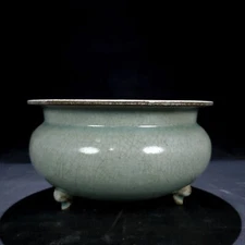 6.5" Antique Song dynasty Porcelain ru kiln cyan glaze Three foot Incense Burner