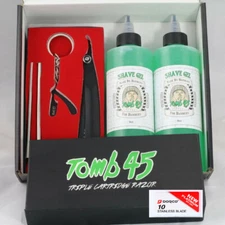 TOMB45 TRIPLE CARTRIDGE RAZOR & 2 SHAVE GELS & DORCO BLADE 10PCS