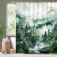 Misty Forest Green Pine Tree Shower Curtain Nature Mountain Polyester 72x72