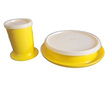 70's Tupperware Footed Yellow Sunflower Sippy Cup 1318-5 and Bowl with Lids