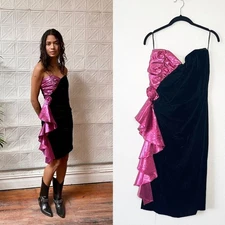 VTG Gunne Sax 80’s Strapless Velvet Pink Ruffle Prom Party Retro Dress Size 13