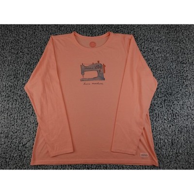 Life is Good Long Sleeve Graphic Tee Women XL Peach Sewing Machine Love Machine