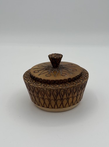 Vintage Swirls Circles Mod Retro Hand Carved Wooden Lidded Box Jar 3.5”