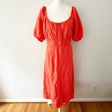 NWT Loft Women Linen Puff Sleeve Midi Dress 12 Petite Boho Beachy Bright Cottage