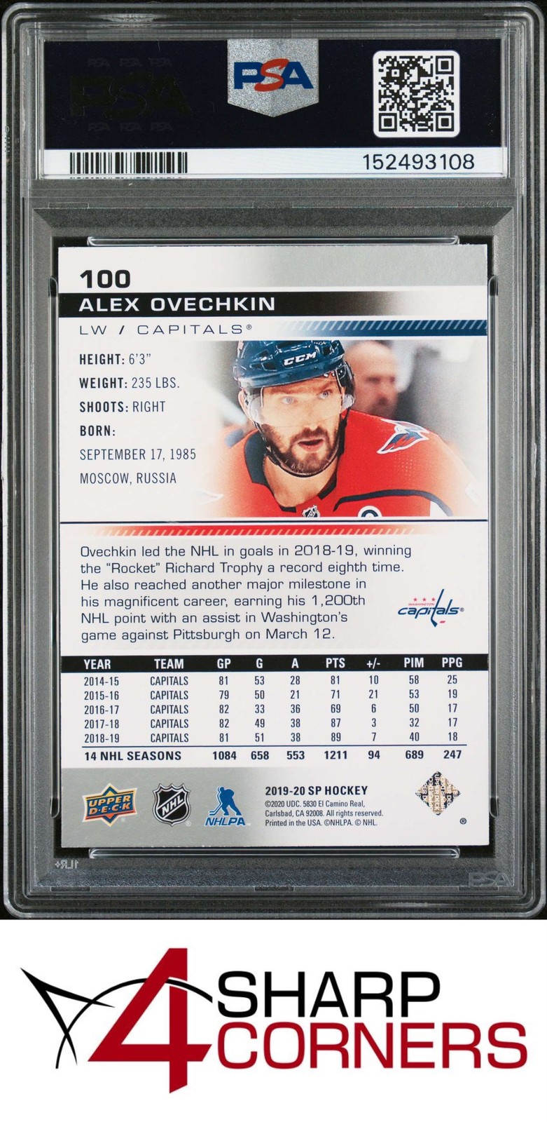 2019 SP #100 ALEX OVECHKIN POP 5 PSA 9 view 2
