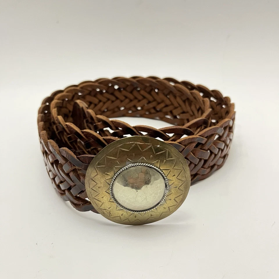 复古宽皮革腰带编织棕色波西米亚锤形奖章黄铜扣西部 — 第 2/4 张图片