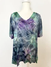 Greater Good Womens Blouse Size L/XL Purple Blue Beaded V Neck Short Sleeves