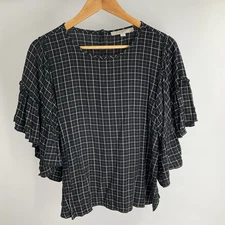LOFT Bell Ruffled Sleeves Black Plaid Top Blouse Medium Relaxed