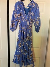Eliza J Floral Faux Wrap Dress Size 8 Dusty Blue Ruffle Midi Belted Boho Wedding