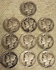 10 Mercury Head Dimes,  1941 - 1945,  P D &S  90% silver.  $1.00  VG To F