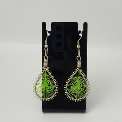 Small Thread Teardrop Earrings Green Lime Silver Handmade