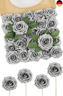N&T NIETING Künstliche Blumen Glitter Rose, 25 Stück Medium Silver G