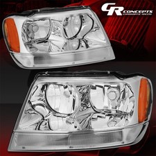 Pair Chrome Amber Sied Headlights Lhrh For 1999-2004 Jeep Grand Cherokee Wj