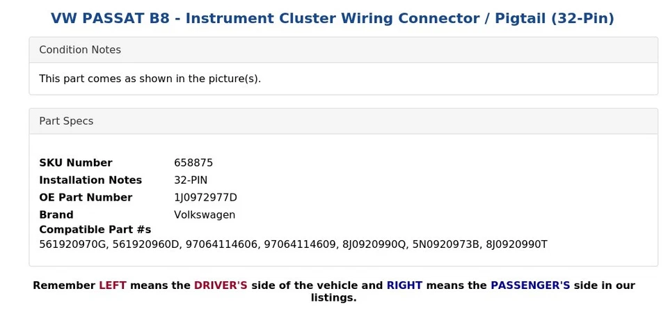 VW PASSAT B8 - Conector de cableado de cuadro de instrumentos / coleta (32 pines) Foto 3 de 3