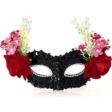 Elegant Black Floral Rose Masquerade Mask for Women Mardi Gras Ball Party