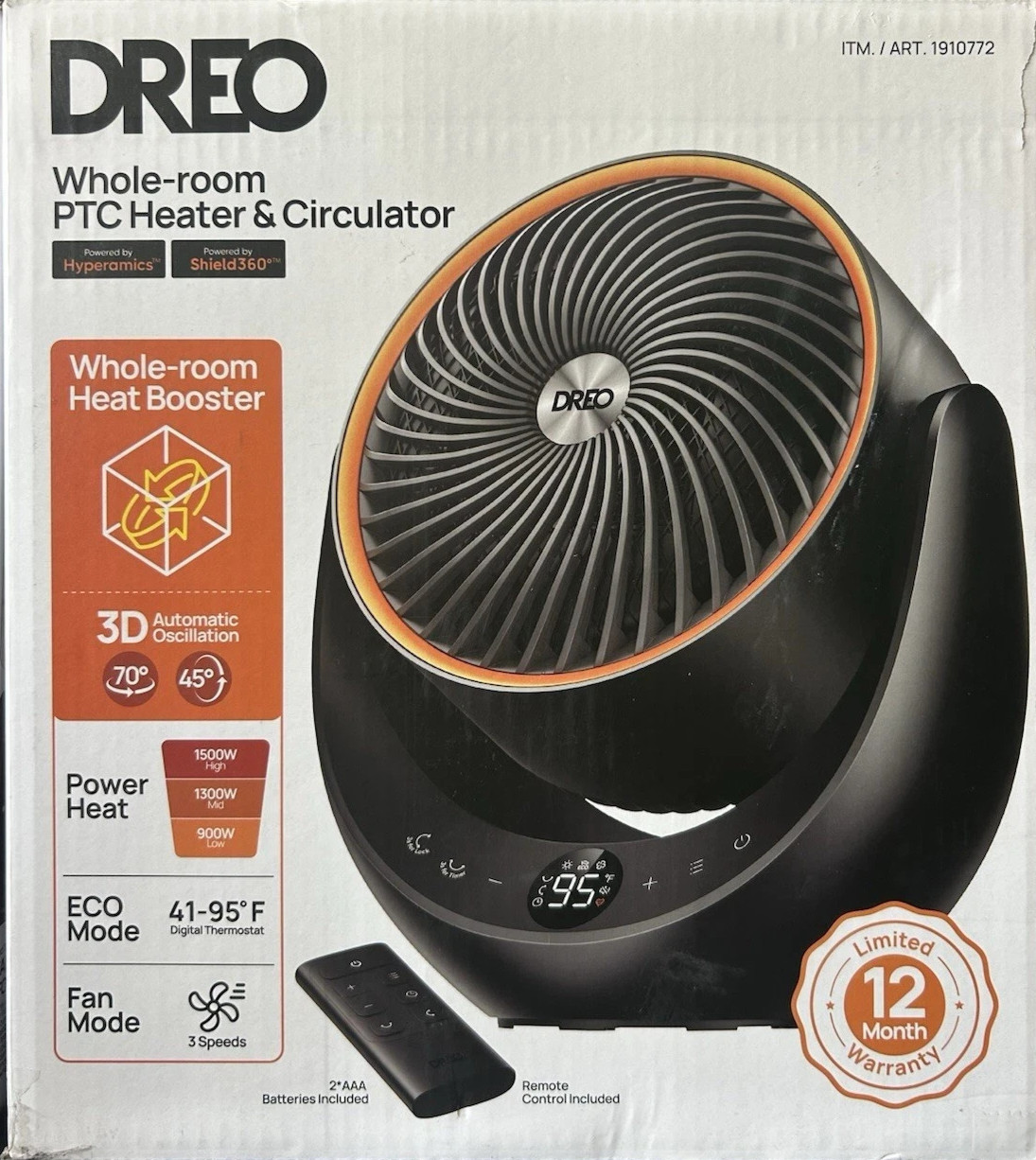 DREO 1500W Portable 3D Automatic Oscillating Ceramic Space Heater w Remote NEW