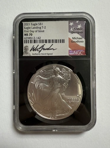 2021 Silver Eagle Dollar NGC MS 70 Eagle Landing T-2 First Day Gaudioso Signed