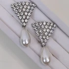 Vintage Rhinestone Faux Pearl Dangle Earrings Silver Tone Costume Jewelry Pair