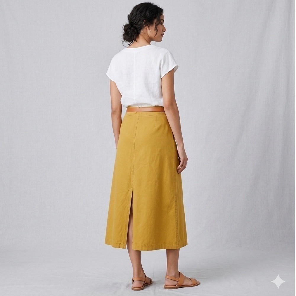 EILEEN FISHER Mustard Gold 100% Cotton Midi Skirt Size M A-Line Minimalist