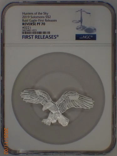 2019 SOLOMON ISLANDS 1 Oz .999 SILVER $2 BALD EAGLE SHAPED NGC FR REVERSE PF70