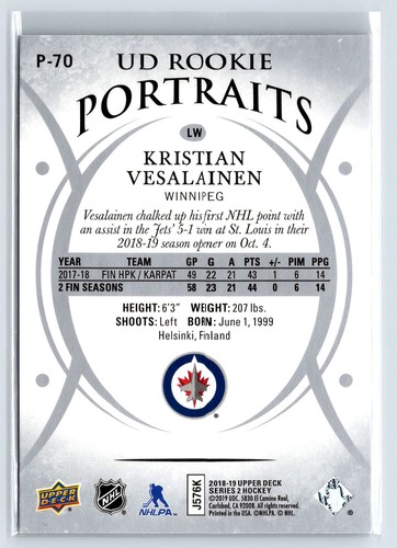 2018-19 Upper Deck UD Portraits #P-70 Kristian Vesalainen RC Jets - Picture 2 of 2