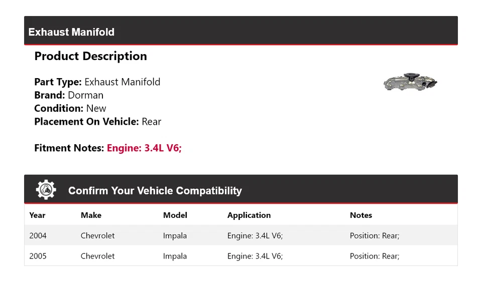 Coletor de escape traseiro Chevrolet Impala 3.4L V6 Dorman 2004-2005 - Imagem 2 de 4