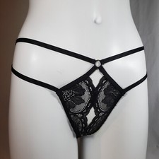 Victoria's Secret Lace Strappy Crotchless Thong Large Black