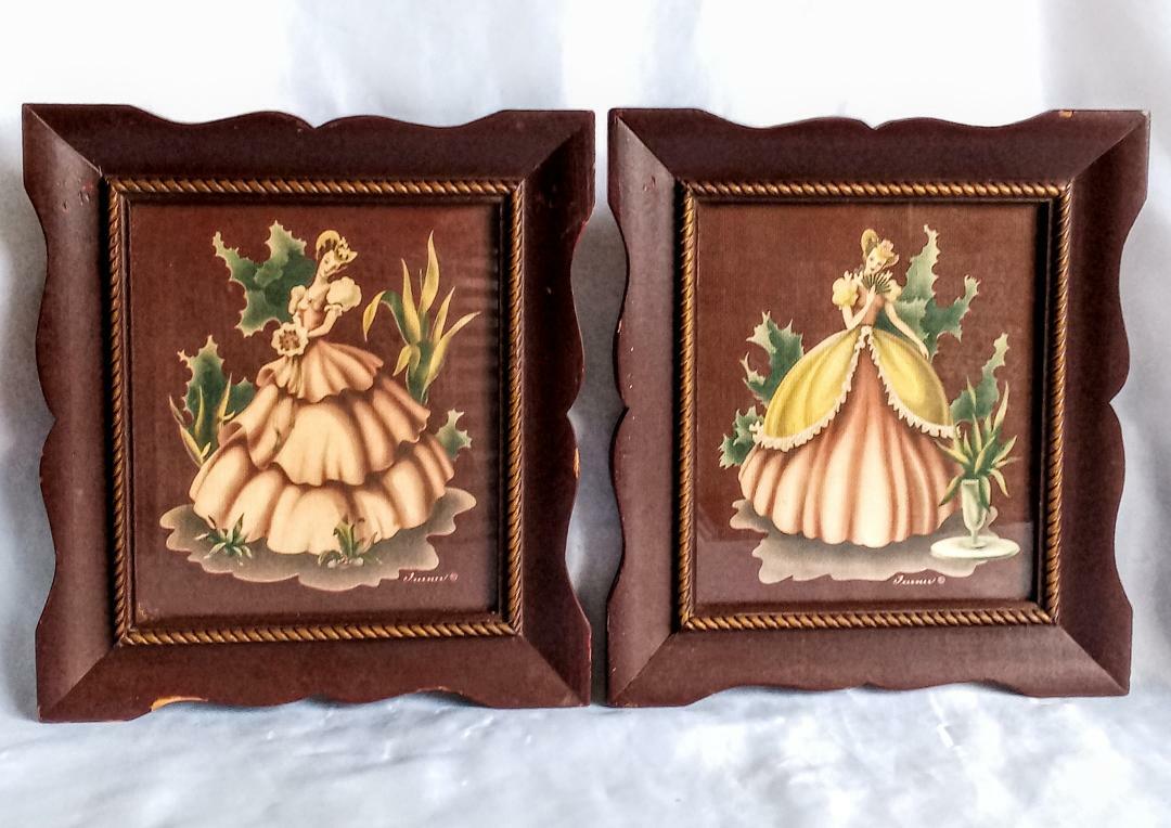 1950s Turnerミッドセンチュリー リトグラフ プリント フラワー 2 Vintage Mid-century Turner Prints 1950's Framed Wall Art Women