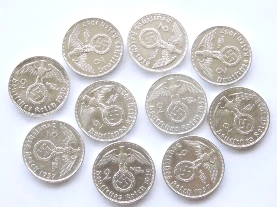 GERMAN Lot 10x Coins 2 REICHSMARK 1937 - 1939 SWASTIKA Silver 3rd Reich WW2 Mark - Image 3 of 4