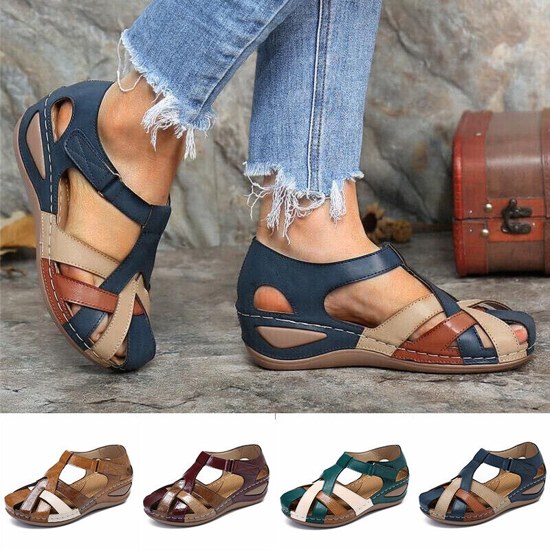 Women Orthopedic Sandals Retro PU Leather Arch Support Round Toe Non ...