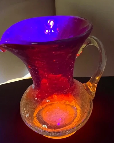 Vintage Blenko UV Reactive Cadmium Crackle Art Glass Pitcher GLOWS!
