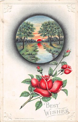 Pretty Pink Roses By River Scene On 1912 Best Wishes Postcard S400 Ebay
