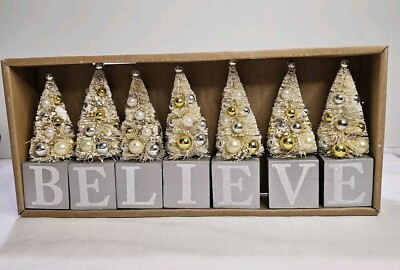 BELIEVE 7 Christmas Wooden Blocks Beaded White Bottle Brush Trees 4.75'' Box Slvr