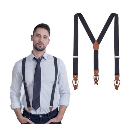 UPSONG Mens Suspenders，Brown Leather Button Tab and Clip Braces Heavy Dut