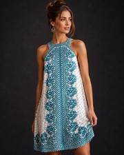 Maeve Anthropologie Embroidered Halter Shift Dress Blue White Boho Size 6