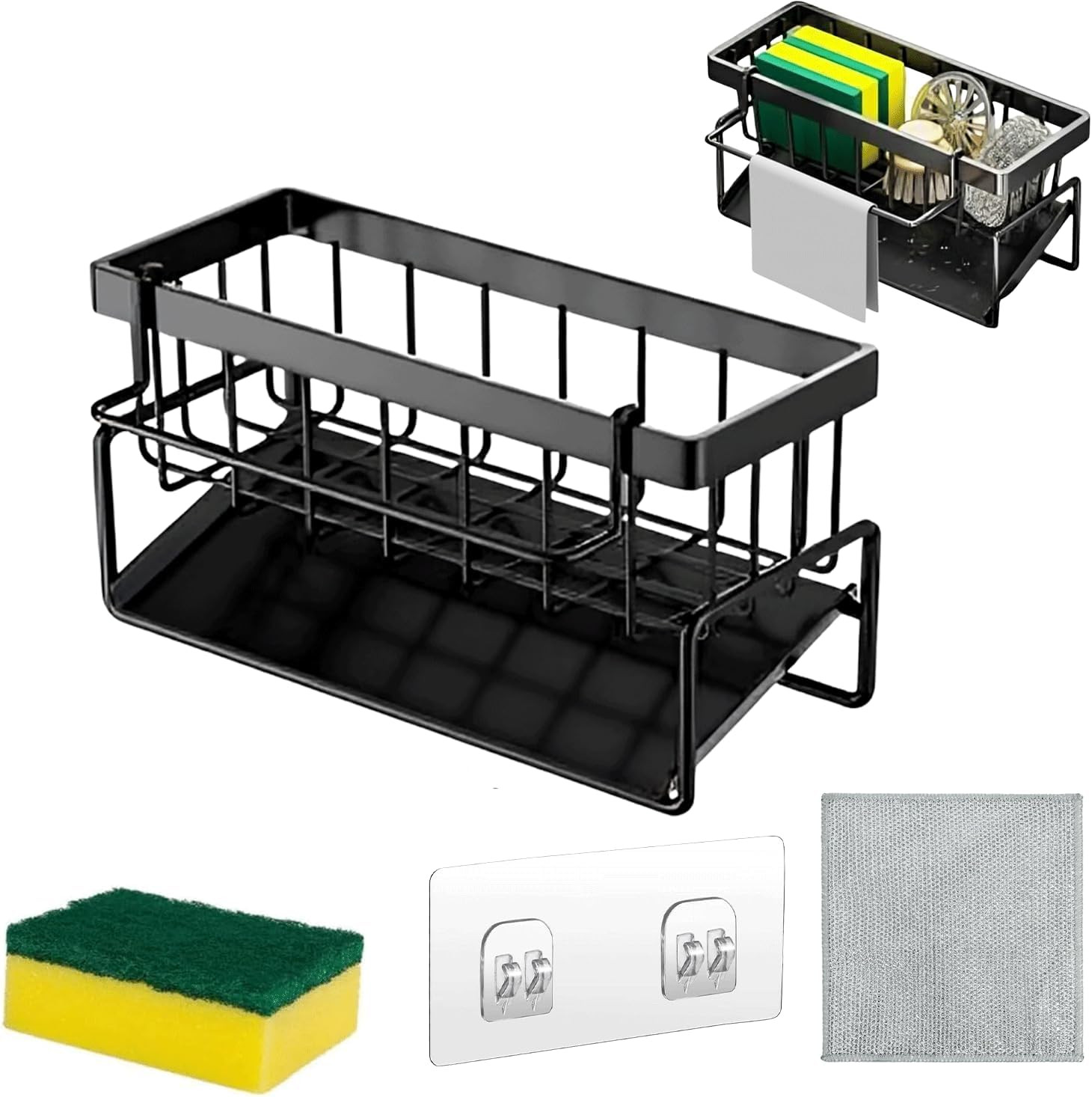 4 in 1 Kitchen Sink Caddy with Sponge, Dish Washing Cloth & Adhesive Hooks, Sink