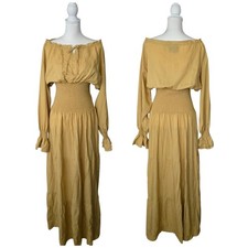 Peasant Tiered Maxi Dress Smocked Renaissance The Pirate Dressing Size L Gold