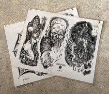 Lot of 2 Vintage Tattoo Flash Sheets Bullseye Tattoo Signed Huss 05