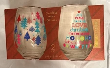 Home Essentials Stemless Wine Glasses Christmas Gift Boxed Set Of 2-20 Oz. New