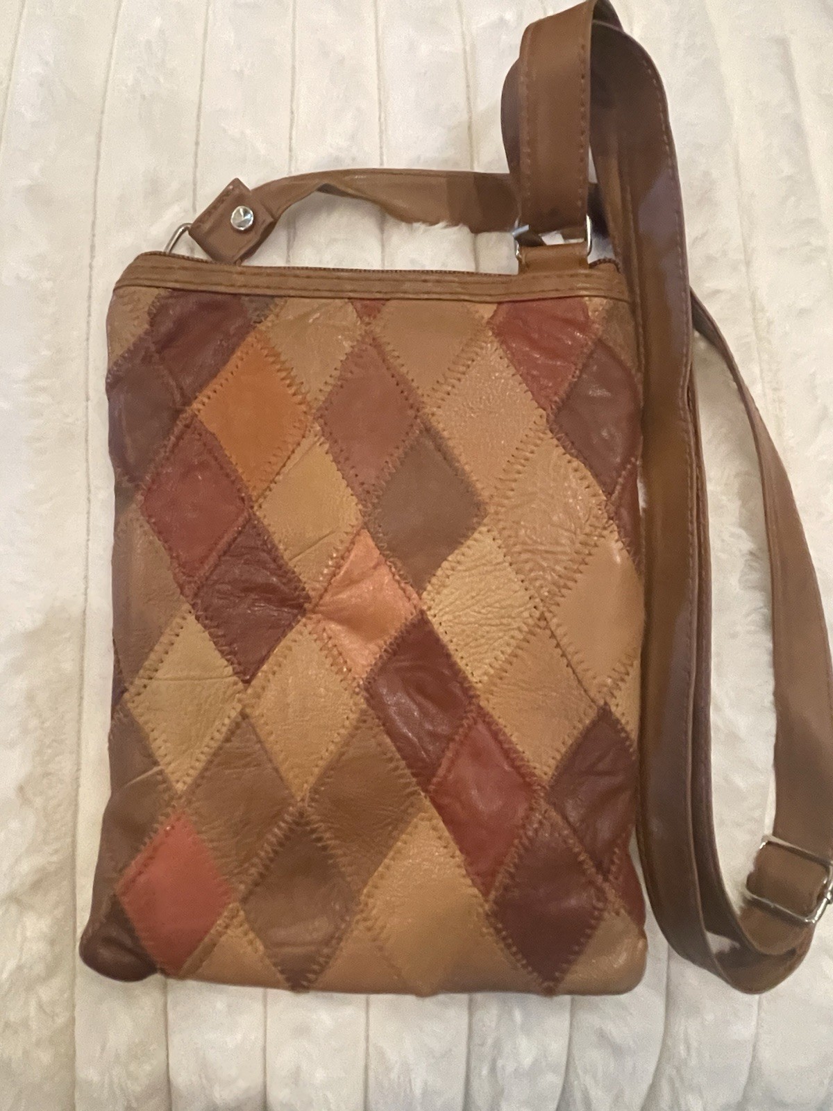 VTG Leather/Polyester Patchwork Crossbody Bag 70’… - image 2