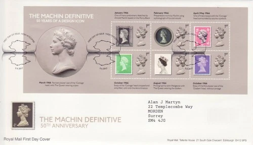 GB Stamps First Day Cover Machin 50th Anniversary MS,  stamp, design SHS 2017