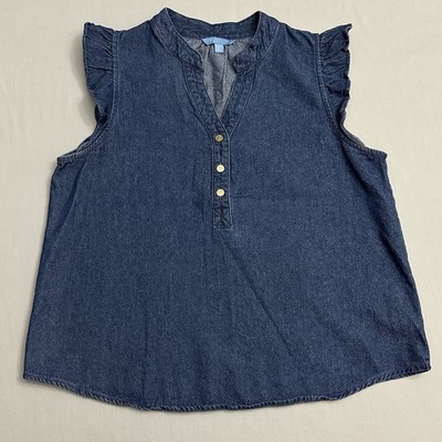 Draper James RSVP Top Womens Small S Cotton Blue Denim Look Ruffle ShortSleeve