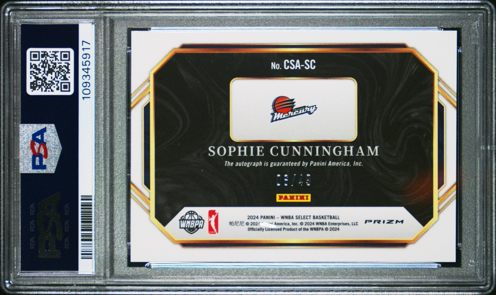 SOPHIE CUNNINGHAM AUTO 2024 PANINI SELECT WNBA BLUE PRIZM /49 PSA 5 FEVER 🔥 view 2