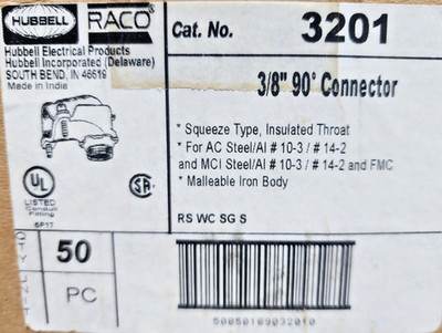   50) NEW HUBBELL RACO 3/8'' 90° SQUEEZE CONNECTORS FMC 10-3 14-2 3201 LOT 50