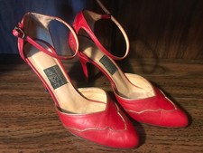 Vintage Red 3 inch Leather Pump Heels Gold Accents and Trim Ankle Strap