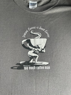 #ad Too Much Coffee Man T Shirt XL Vintage 2002 Graphic Tee Gildan Ultra Cotton Gray $20.00
